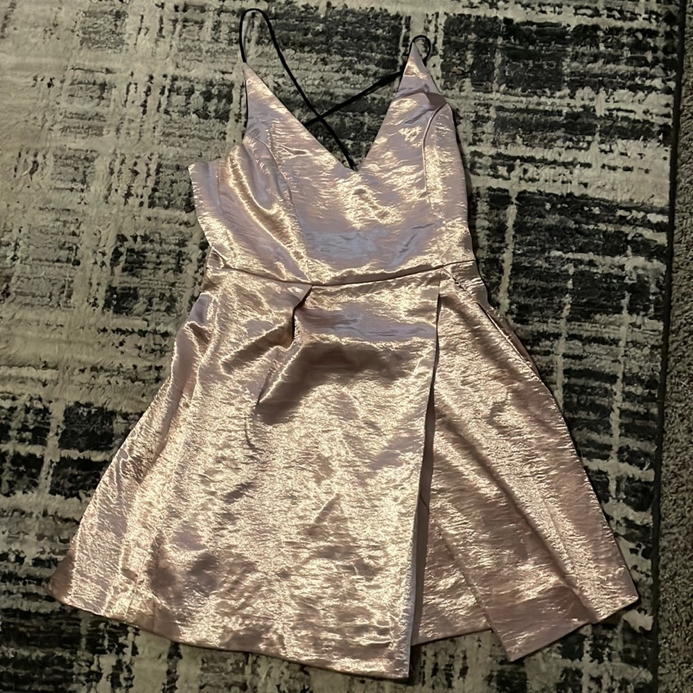 Shimmering Blush Mini Dress with V-Neck and Thin Straps